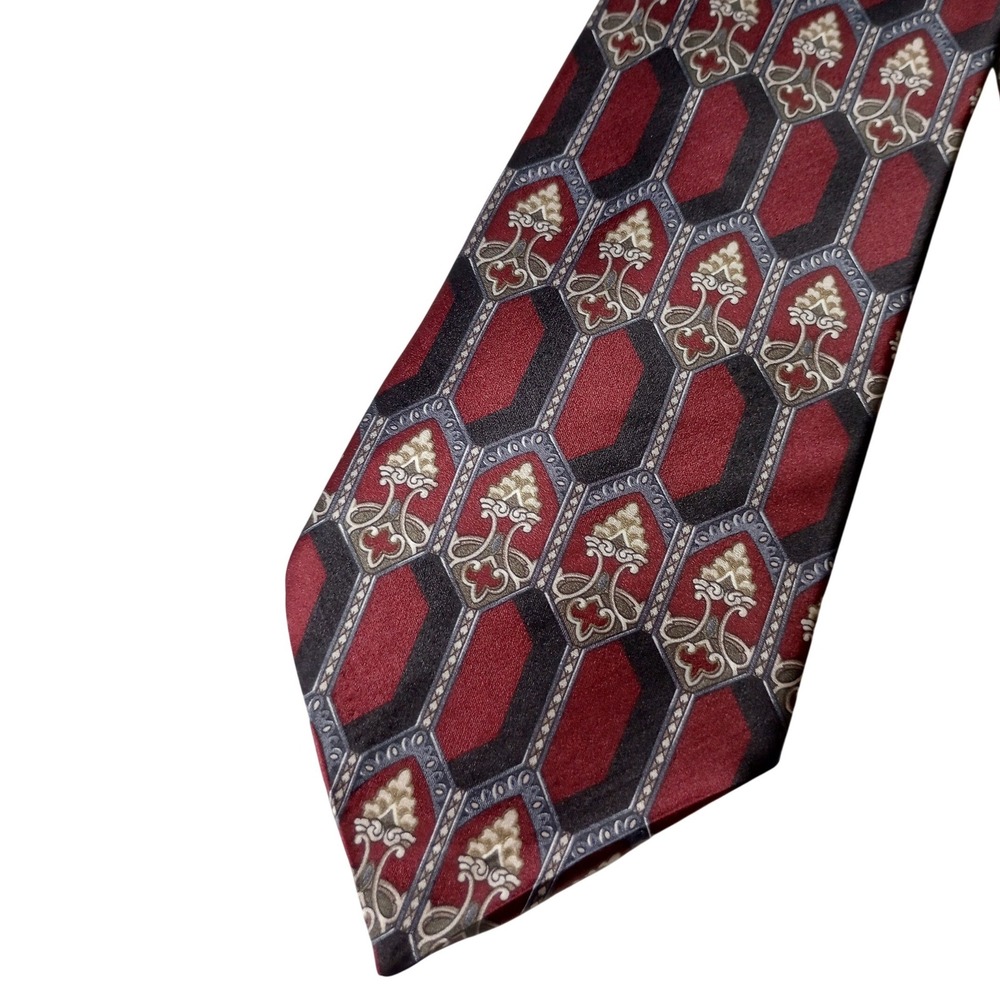 Palatina Mens Silk Tie Burgundy Black Geometric Medallion Italian Fabric USA